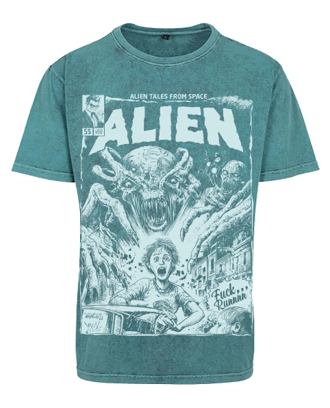 Koszulka Alien Acid Washed w modnym morskim kolorze z retro nadrukiem sci-fi i efektem sprania vintage. Streetwearowy t-shirt 100% bawełna jersey inspirowany klimatem horroru, alien i lat 80.