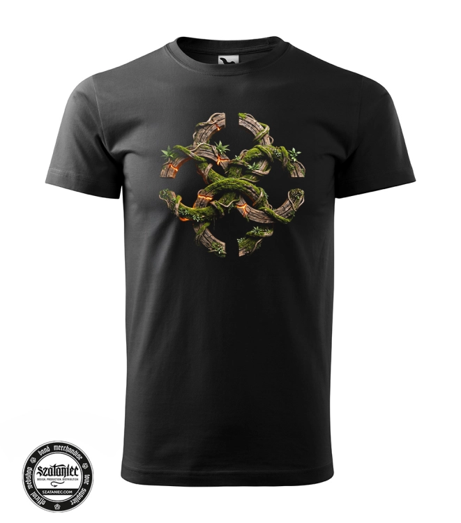 Men's T-shirt featuring the Svadebnik symbol designed as weathered wood intertwined with roots and moss. Nature-inspired artwork influenced by Slavic symbolism, Slavic mythology, and ancient Slavic culture.
