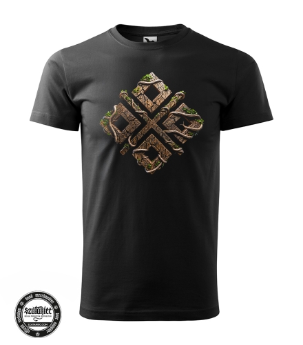 Men's T-shirt featuring the Mokosh symbol designed as weathered wood intertwined with roots and moss. Nature-inspired artwork influenced by Slavic symbolism, Slavic mythology, and ancient Slavic culture.