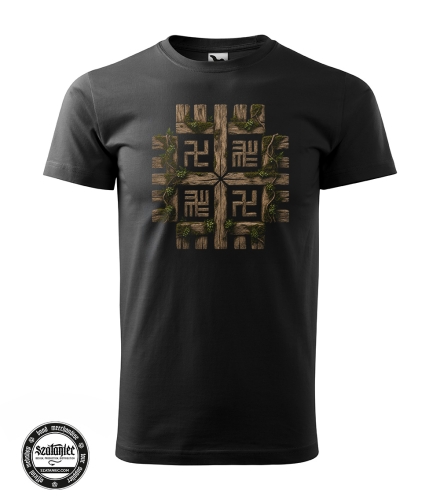 men T-shirt featuring the Hand of god slavic  symbol designed as weathered wood intertwined with roots and moss. Nature-inspired artwork influenced by Slavic symbolism, Slavic mythology, and ancient Slavic culture.