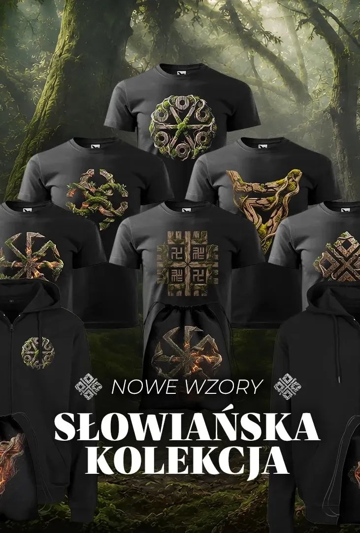 Koszulka ze słowiańskim symbolem wykonanym z drewna oplecionego mchem i korzeniami.